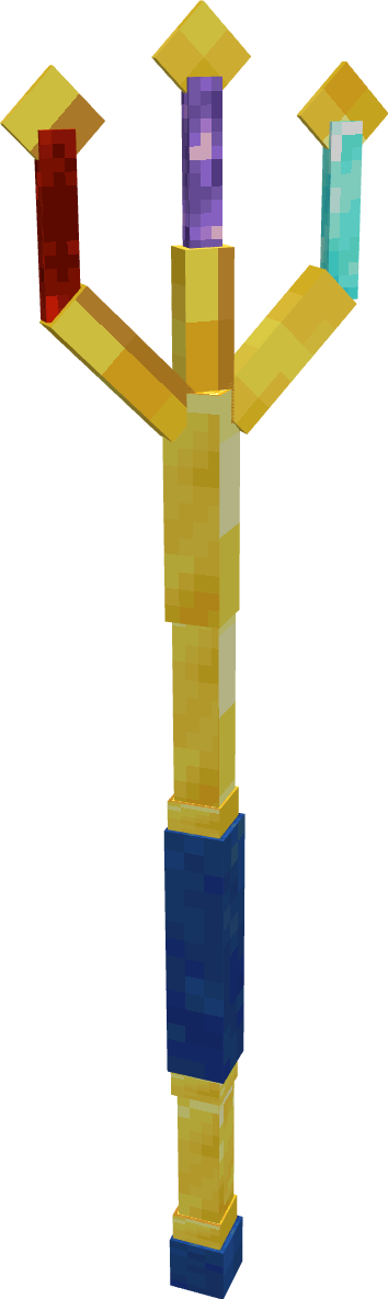A large, golden trident. There is lapis lazuli on parts of the handle. One prong has redstone, the second has amethyst, and the third has diamond.