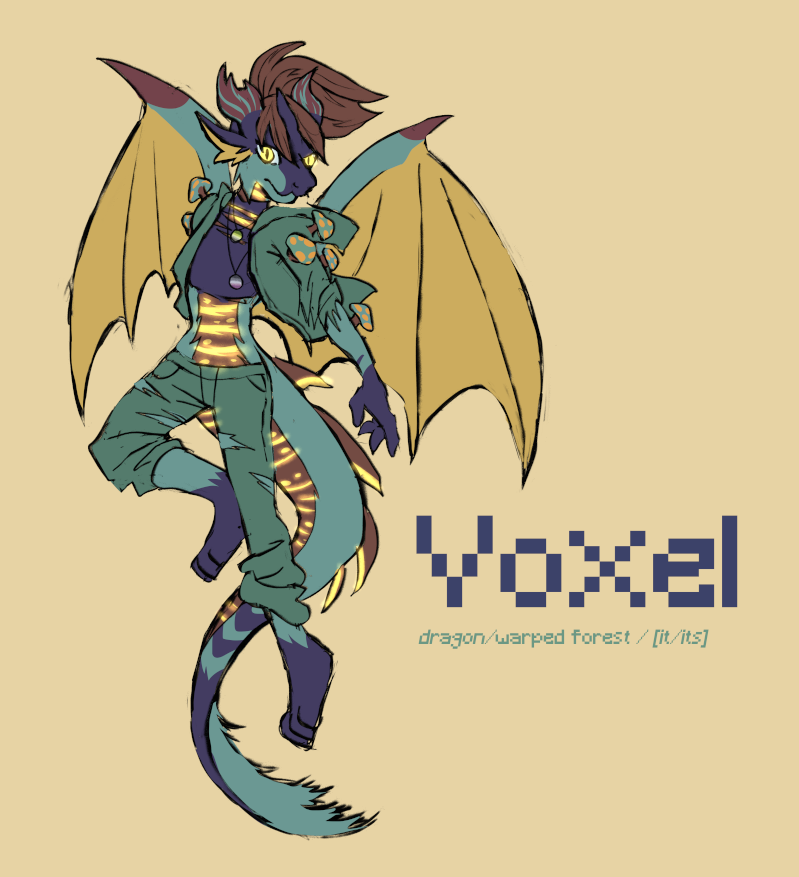 A rough anthro-style digital painting of Voxel. Voxel has short, flowing hair, and a determined look on its face. It's poised as if ready for action. It's wearing a ripped purple crop top, ripped teal jacket and pants, and aro and ace necklaces. Large text reads &ldquo;Voxel&rdquo; and smaller text underneath reads &ldquo;dragon/warped forest / [it/its]&rdquo;.