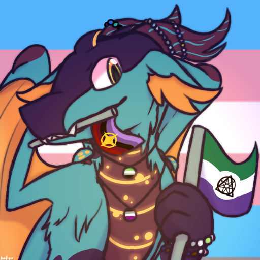 An icon of Voxel displaying pride flags in various ways. The following flags are present: transgender, plural journey, demiboy, alternate bigender with yellow stripe, transspecies with compass rose, nonhuman unity, aromantic, asexual, agender, and tomboy.