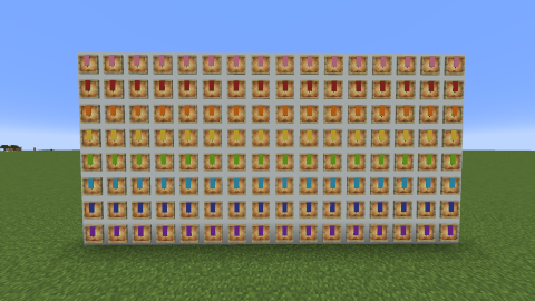 a Minecraft screenshot of a white concrete wall, 16 blocks wide and 8 blocks tall. Every block is covered with a glow item frame holding a banner in item form. Each row has a different color of banners. From the top, they are: pink, red, orange, yellow, lime, cyan, blue, and purple.