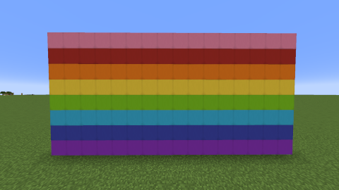 a Minecraft screenshot of a white concrete wall, 16 blocks wide and 8 blocks tall. Every block is covered with a glow item frame holding a banner. The banners fill out the item frames, covering the wall completely. Each row has a different color of banners. From the top, they are: pink, red, orange, yellow, lime, cyan, blue, and purple.