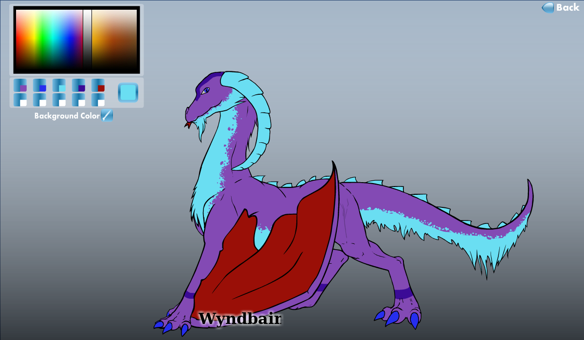 A screenshot of a dragon maker flash game. The dragon displayed is Peregrine. He has blue claws.