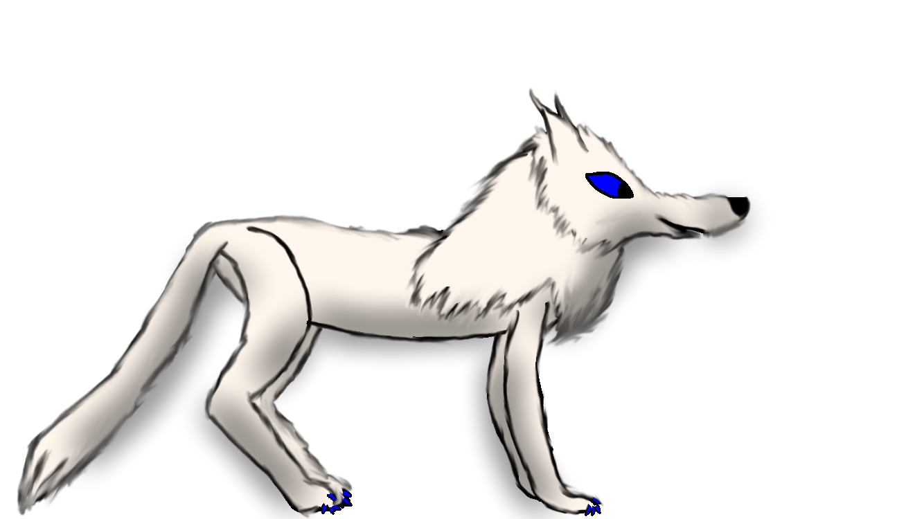 A white wolf (Rainclaw) with blue eyes and claws.