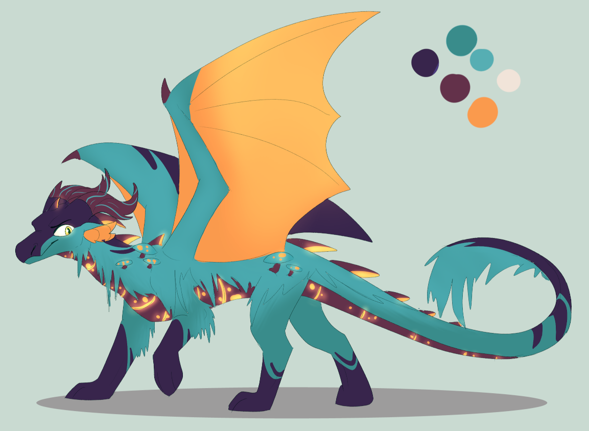 Voxel is a feral, western dragon. It is mostly teal. Its belly plates are maroon and have glowing orange in-between them. The tops of its wings are purple and teal, and the bottom glow orange. Its ears are also orange inside. Its face, feet, and tail tip are also purple. It has maroon horns with teal inlaid; they look like tree bark. It has maroon spines down its back with glowing orange undersides. There is something mossy dripping from its body and its tail tip. It has warped fungi growing from its shoulders and hips.