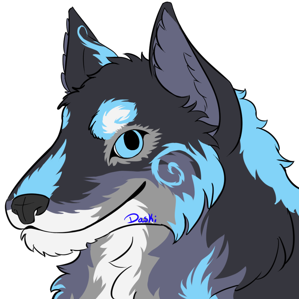 A digital headshot of a wolf. It has black fur with gray and white countershading. It has sky blue markings and blue eyes.