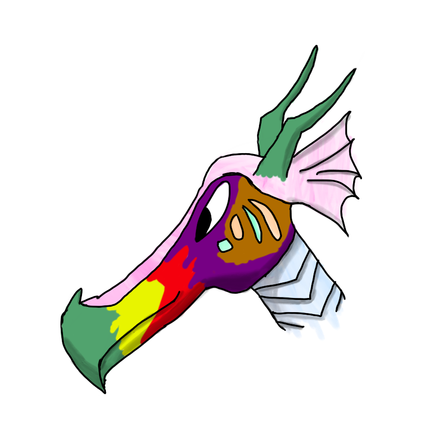 The head of a dragon: Catfish. From nose to back of head she is: green, yellow, red, purple, and brown. The top of her head and the frills coming out the back are pink. Her horns are green. Her neck is light blue and has gills. She has blue and pink light-up scales on her cheek.