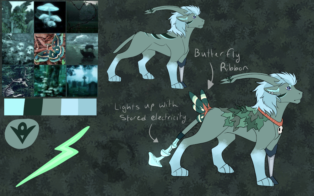 A Zetric dragon: furred and wingless. He has a pair of tail-like antennae sweeping back from his head, with spades at the end. He is a very muted green with a light blue mane and legs. One of his legs is prosthetic; it is dark green and silver. His tail comes to a regular, rounded point. He has three dark green stripes on his back and one on each cheek. He has two earrings on his visible ear. He is also wearing a skull necklace and a cape of leaves. He is wearing a butterfly ribbon at the base of his tail and a set of mushrooms attached to the tip.