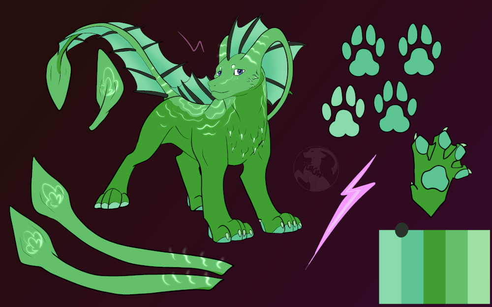 A Zetric dragon: furred and wingless. They have a pair of tail-like antennae sweeping back from their head. There are spades at the end of their tail and antennae. They have vertical sails on their head and back, and horizontal sails on their tail. They have claw-like growths on their chest and cheeks. They are green, with a lighter green on their head, back, antennae, and tail. They have wavey white markings in these places as well.