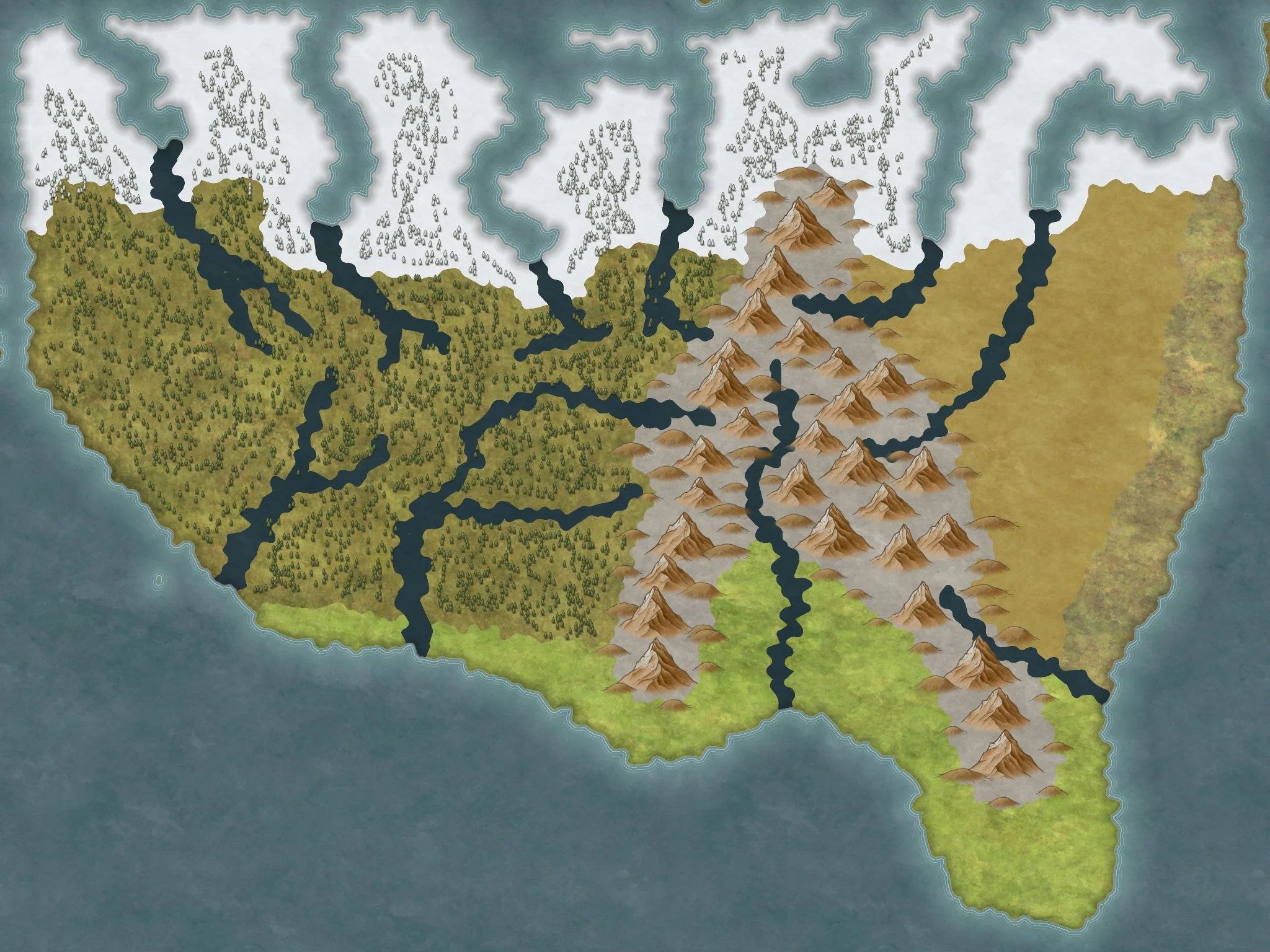 in the north is a frozen region with fjords. In the west is a large forest, east of which is a mountain range and then a desert. In the south east is a vibrant green region.