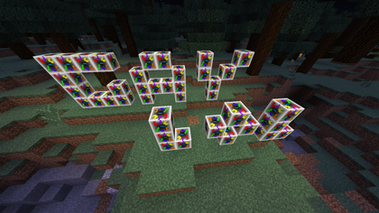 The phrase “gay lol” written out of modded rainbowy blocks.