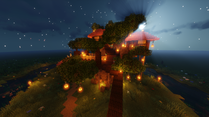 A multi-tiered treehouse. The viewer has shaders enabled, making the treehouse glow.