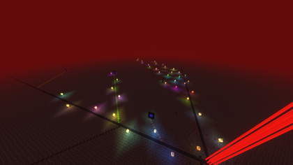 Various portals and paths on the nether roof. Shaders make the lights around the paths glow different colors. There are beacon beams to the right.